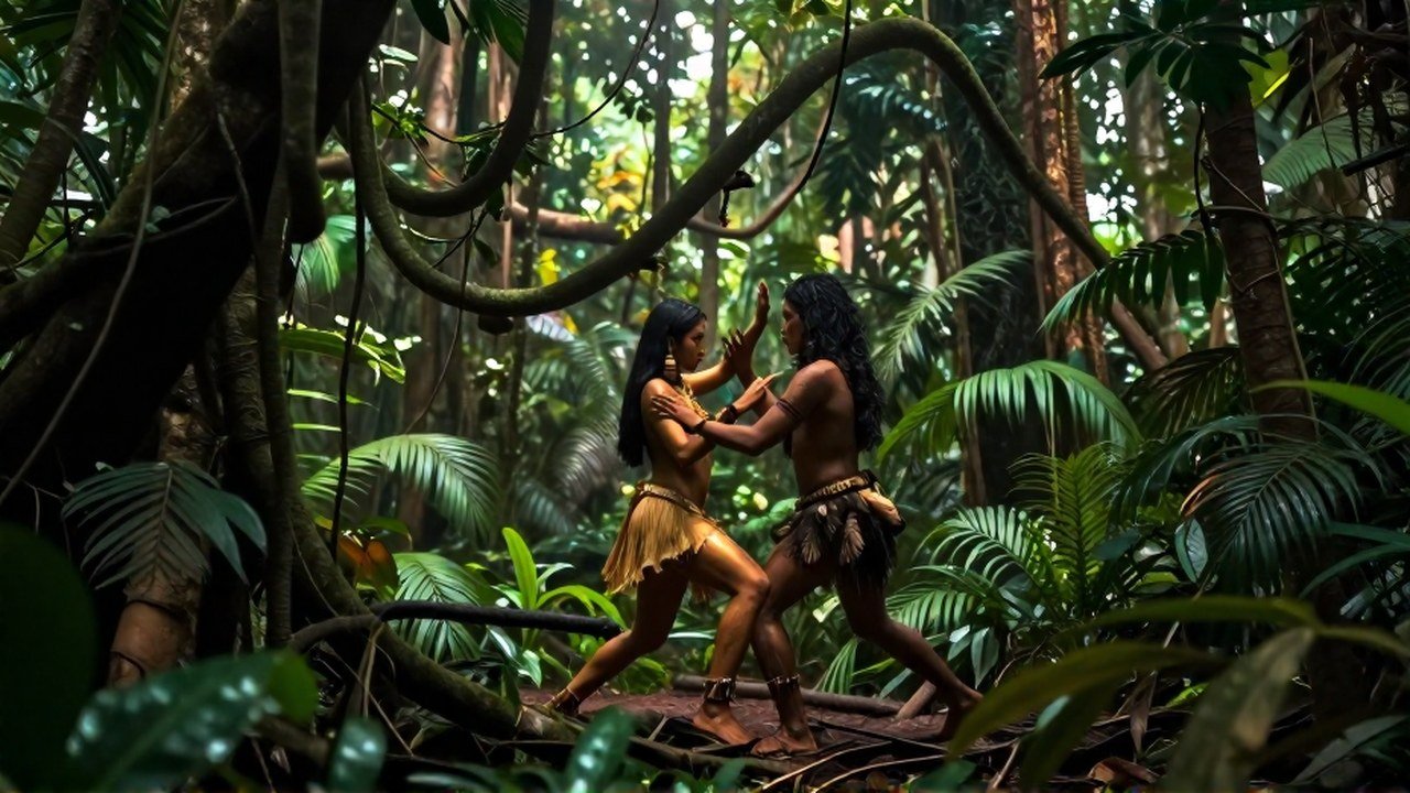 Dos espíritus ancestrales indígenas bailan en la selva, simbolizando la tensión entre el amor y el sacrificio.