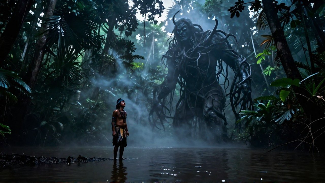 Figura indígena en la orilla del agua confronta a una manifestación espiritual en la selva.