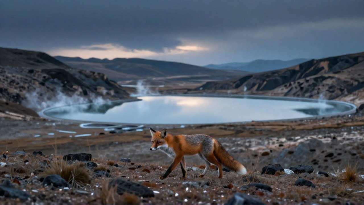 Un zorro solitario camina en un vasto paisaje montañoso con una formación lacustre y niebla.