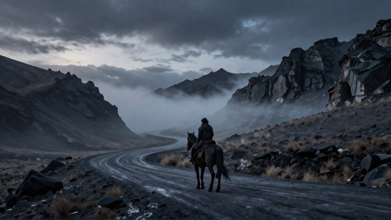 Jinete solitario y majestuoso en caballo oscuro recorre un camino montañoso desolado al anochecer.